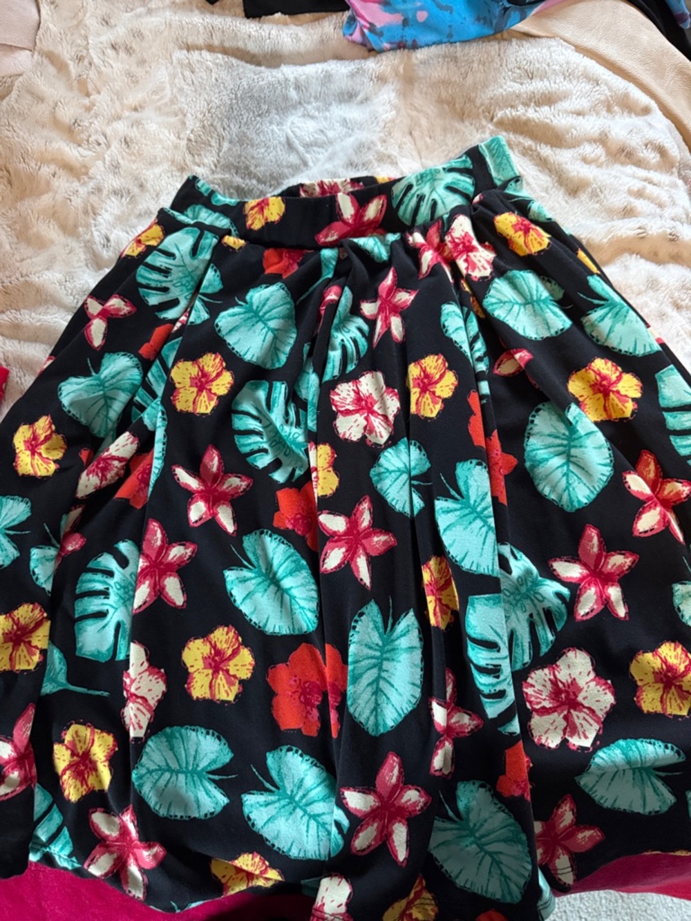 LuLaRoe Black Skirt with Teal, Red and Yellow Tropical Print